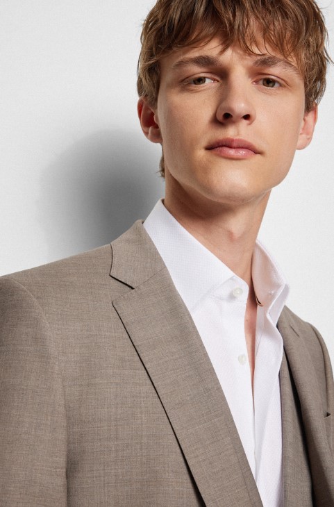 ανοιχτό μπεζ κοστούμι Hugo Boss τριών κομματιών Slim-fit από παρθένο μαλλί
