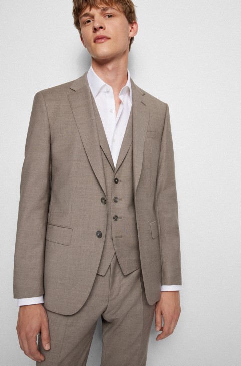 ανοιχτό μπεζ κοστούμι Hugo Boss τριών κομματιών Slim-fit από παρθένο μαλλί
