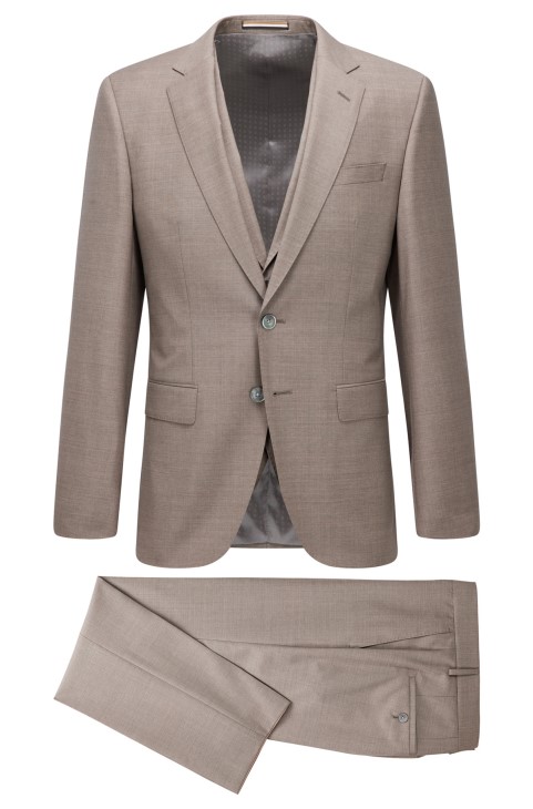 ανοιχτό μπεζ κοστούμι Hugo Boss τριών κομματιών Slim-fit από παρθένο μαλλί
