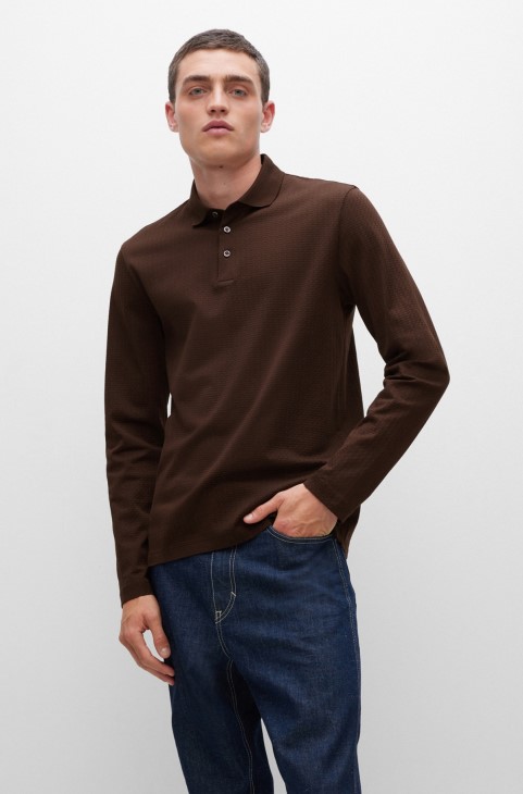 Hugo Boss βαμβακερό μπλουζάκι πόλο μερσεριζέ με δομή καλαθιού καφέ