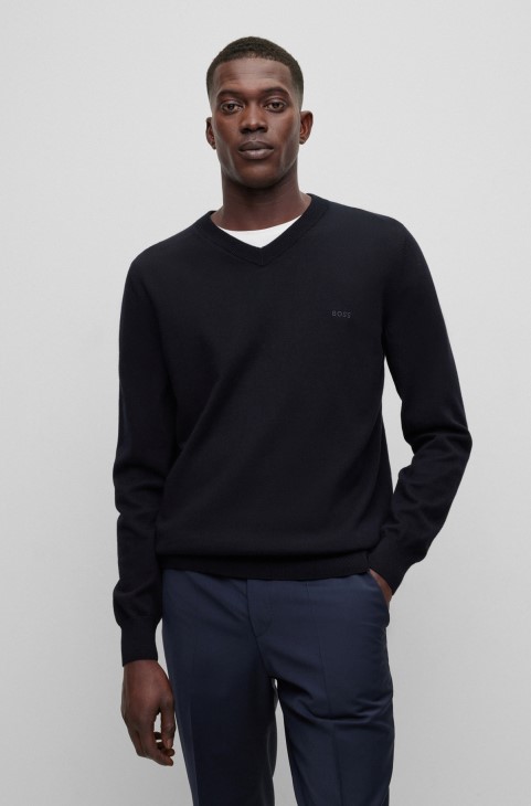 σκούρο μπλε πουλόβερ με λαιμόκοψη από οργανικό βαμβάκι με κεντημένο λογότυπο Hugo Boss