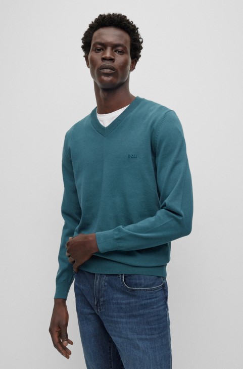 Πουλόβερ με λαιμόκοψη από οργανικό βαμβάκι με κεντημένο λογότυπο Hugo Boss τιρκουάζ