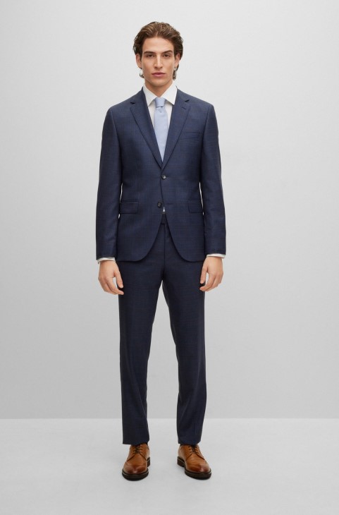 Hugo Boss σκούρο μπλε κοστούμι κανονικής εφαρμογής σε καρό παρθένο μάλλινο Serge