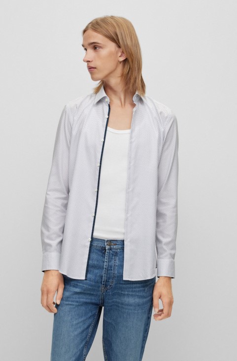 Slim-fit πουκάμισο από βαμβακερό καμβά γεωμετρικής εκτύπωσης λευκό Hugo Boss