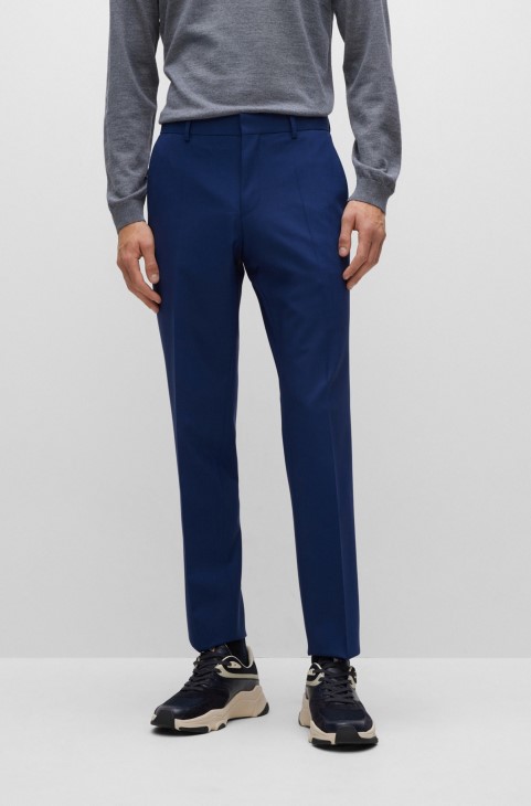Slim-fit παντελόνι από ελαστικό παρθένο μάλλινο μπλε Hugo Boss