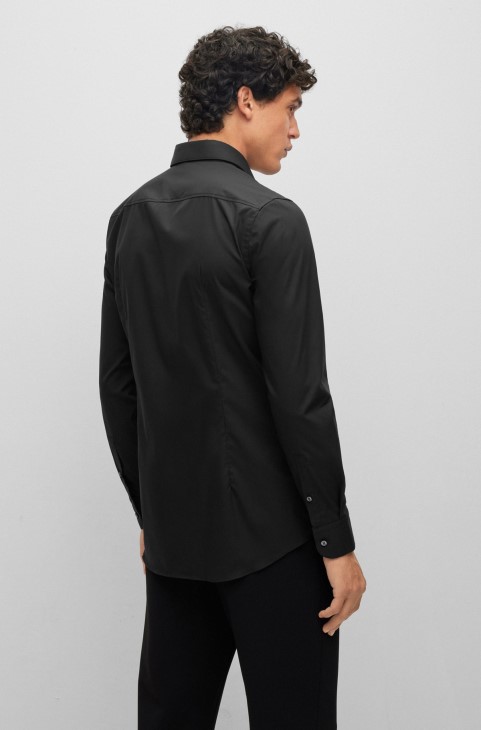 Slim-fit πουκάμισο σε εύκολο σιδερένιο ελαστικό και βαμβακερό λουράκι ποπλίνα Hugo Boss μαύρο

