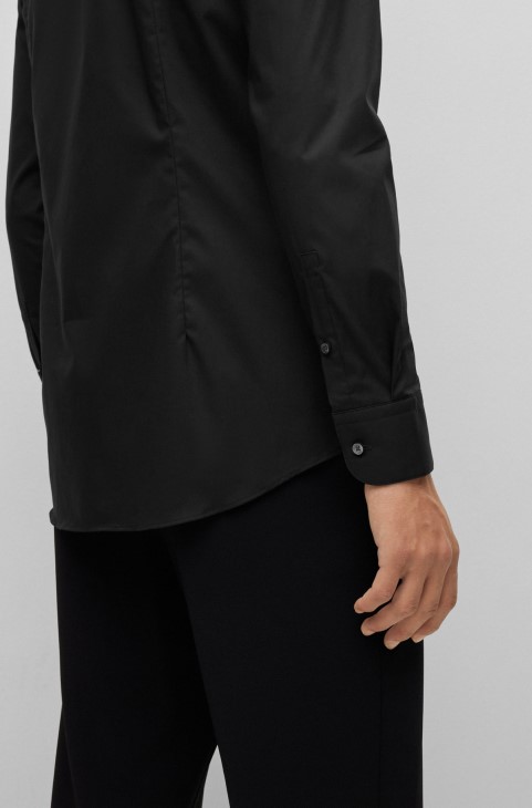 Slim-fit πουκάμισο σε εύκολο σιδερένιο ελαστικό και βαμβακερό λουράκι ποπλίνα Hugo Boss μαύρο
