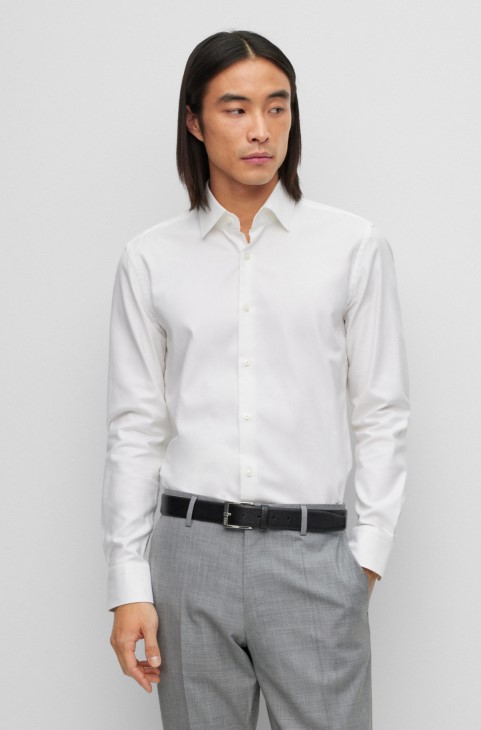 Πουκάμισο Hugo Boss Slim-fit σε εύκολο σιδερένιο ελαστικό-βαμβακερό Twill λευκό