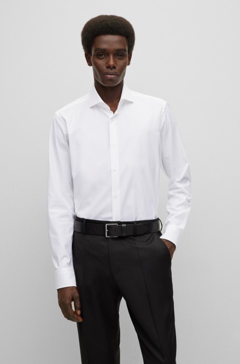 λευκό πουκάμισο με κανονική εφαρμογή σε στρετ, βαμβακερό Twill Hugo Boss