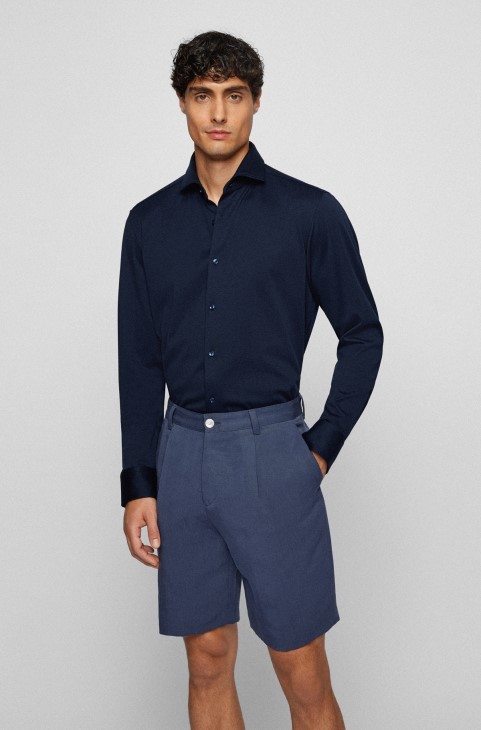 Μπλε σκούρο μπλουζάκι Hugo Boss με κανονική εφαρμογή από δομημένο Super-flex ύφασμα