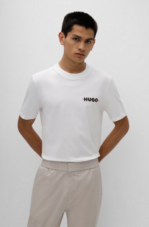 T-shirt από οργανικό βαμβάκι με ρίγα και λογότυπο Hugo Boss λευκό