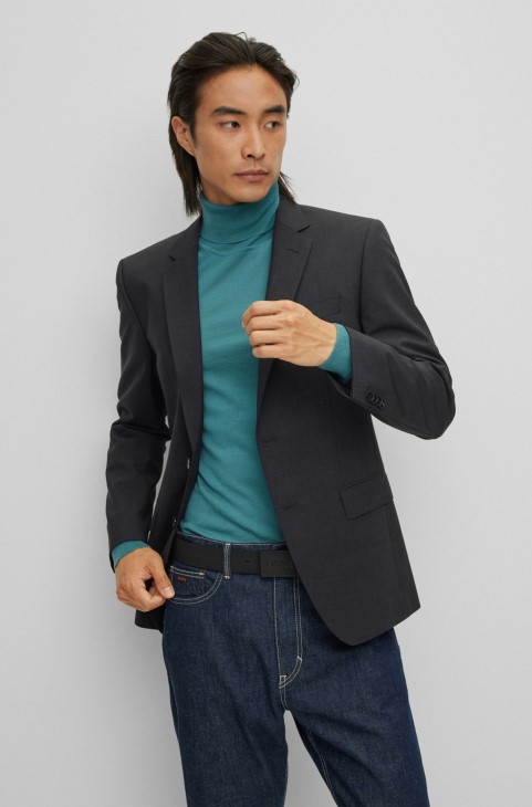 Slim-fit μπουφάν Hugo Boss από παρθένο μαλλί ελαστικό σκούρο γκρι