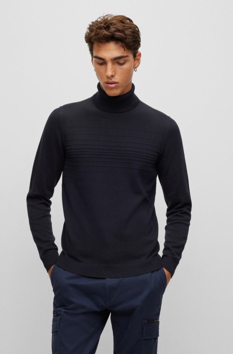 Slim-fit Rollneck πουλόβερ από βαμβάκι και παρθένο μαλλί σκούρο μπλε Hugo Boss
