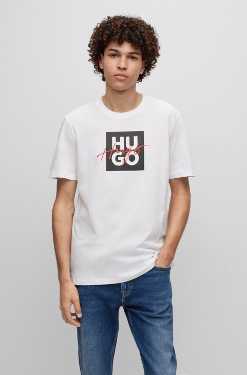 Μπλουζάκι από βαμβακερό ζέρσεϊ με στοιβαγμένα και χειρόγραφα λογότυπα White Hugo Boss