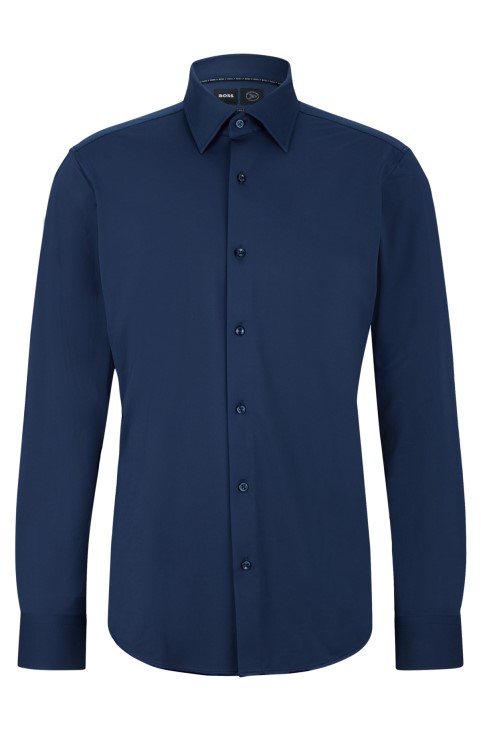 Πουκάμισο με κανονική εφαρμογή σε μικρο-δομή Performance-stretch Jersey σκούρο μπλε Hugo Boss
