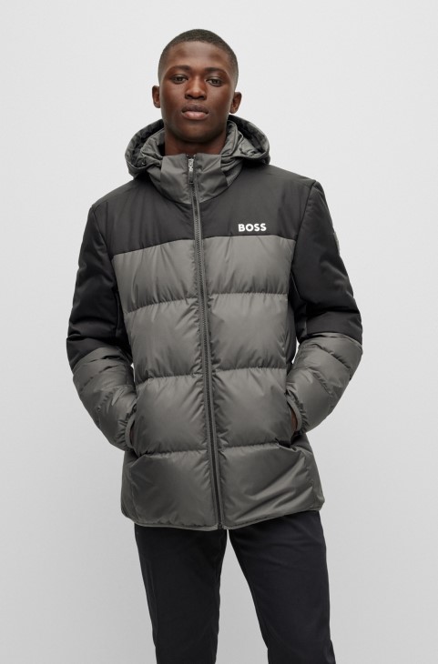 Σκούρο γκρι αδιάβροχο πουπουλένιο μπουφάν με λεπτομέρειες λογότυπου Hugo Boss