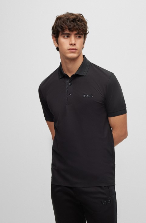 μαύρο μπλουζάκι πόλο Boss από βαμβακερό και πικέ με λογότυπο και ταινία