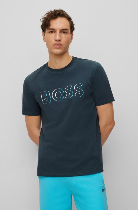 Τ-shirt Hugo Boss σκούρο μπλε βαμβακερό ζέρσεϊ με δυναμικό τύπωμα λογότυπου