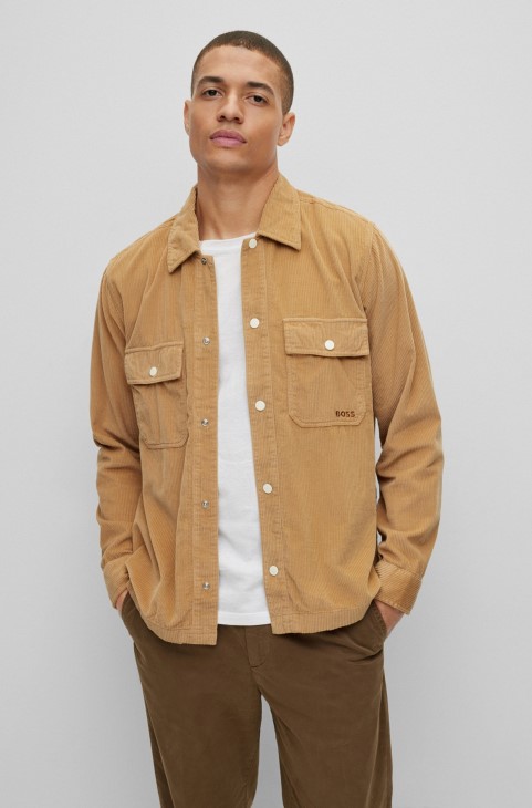 Μπεζ μπλουζάκι Hugo Boss σε βαμβακερό κοτλέ με κεντημένο λογότυπο