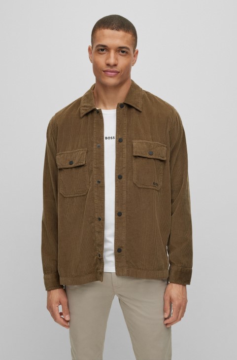 πουκάμισο σε βαμβακερό κοτλέ με κεντημένο λογότυπο σκούρο πράσινο Hugo Boss