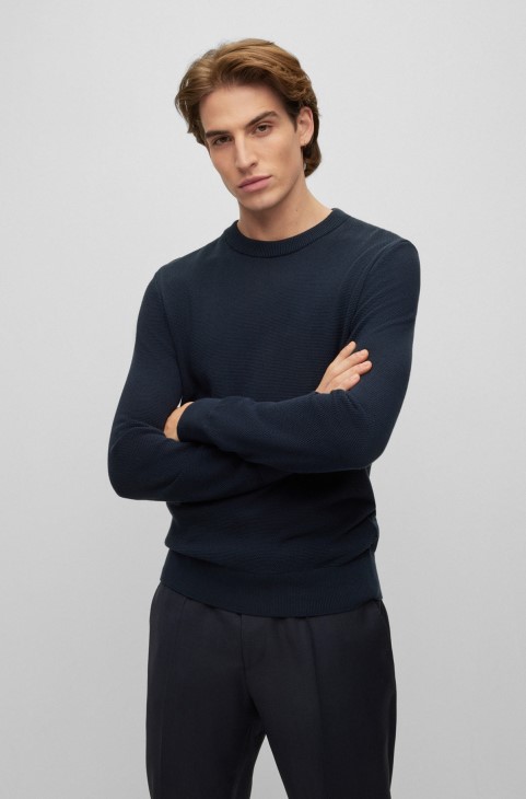 Hugo Boss σκούρο μπλε πουλόβερ με λαιμόκοψη από δομημένο βαμβάκι με ριγέ λεπτομέρειες