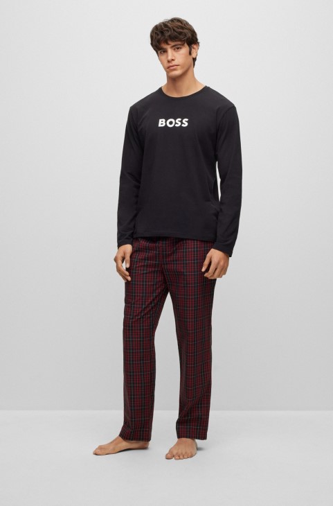 μαύρες πιτζάμες Hugo Boss κανονικής εφαρμογής με λογότυπα αντίθεσης
