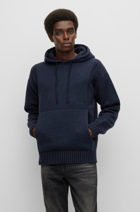 Hugo Boss μαλλί με κουκούλα χαλαρής εφαρμογής με κεντημένο λογότυπο σκούρο μπλε