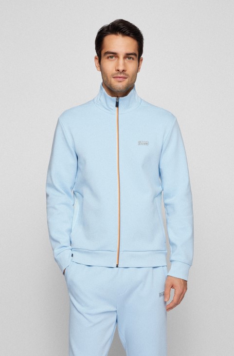 γαλάζιο βαμβακερό φούτερ με φερμουάρ με πολύχρωμες λεπτομέρειες Hugo Boss