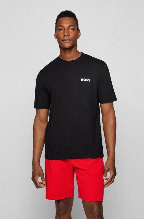 Μαύρο μπλουζάκι από βαμβακερό ζέρσεϊ με λαστιχένιο λογότυπο Hugo Boss