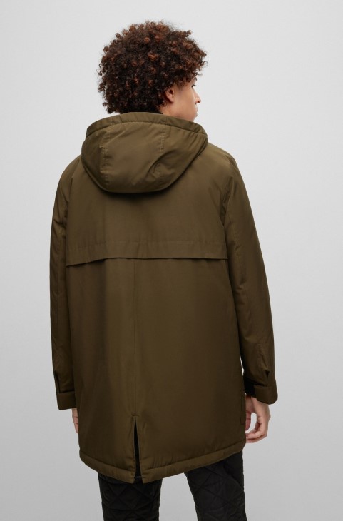 Σκούρο πράσινο Hugo Boss αδιάβροχο μπουφάν Parka κανονικής εφαρμογής με λογότυπο με πλαίσιο
