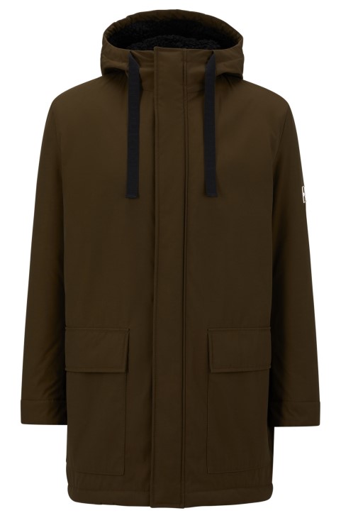 Σκούρο πράσινο Hugo Boss αδιάβροχο μπουφάν Parka κανονικής εφαρμογής με λογότυπο με πλαίσιο
