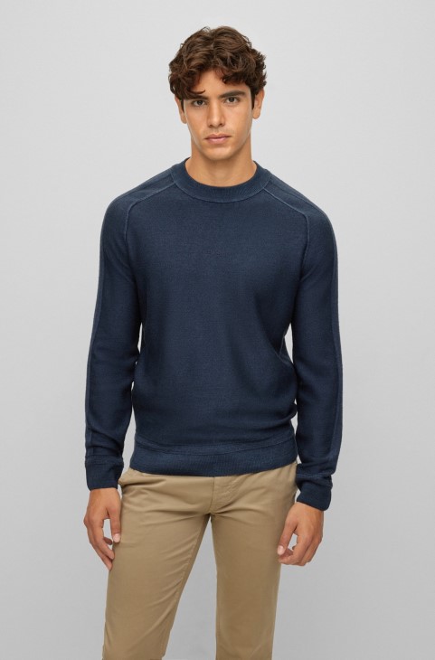 σκούρο μπλε πουλόβερ Hugo Boss με λαιμόκοψη από παρθένο μαλλί με κεντημένο λογότυπο