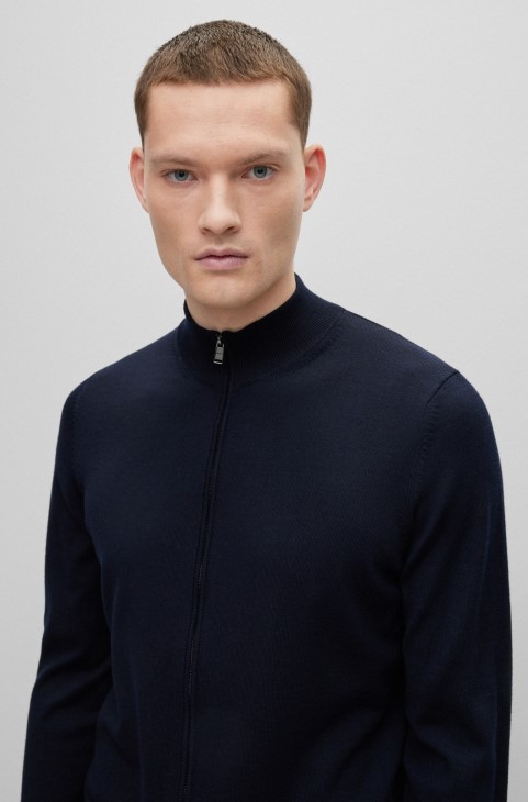 Ζακέτα κανονικής εφαρμογής από παρθένο μαλλί με υπογραφή ρίγες Hugo Boss σκούρο μπλε
