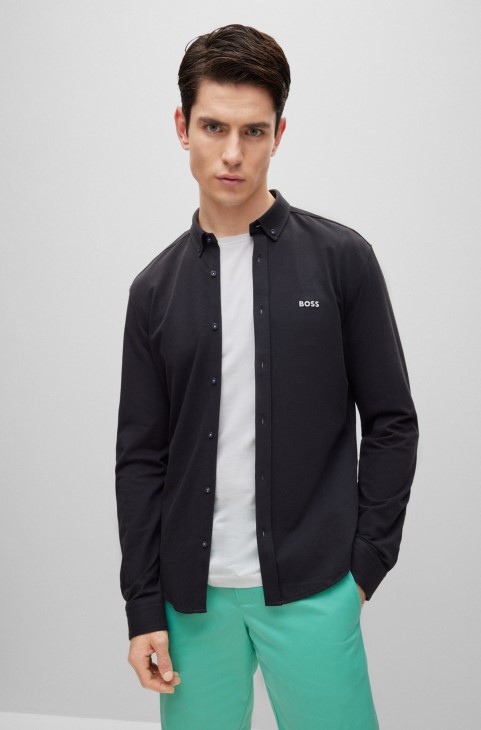 πουκάμισο με κανονική εφαρμογή σε βαμβακερό πικέ μαύρο Hugo Boss