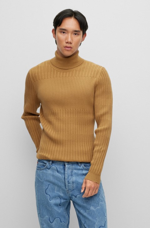 Hugo Boss εξαιρετικά λεπτή Rollneck πουλόβερ με μικτές δομές ανοιχτό καφέ