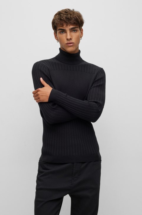 Μαύρο πολύ λεπτό πουλόβερ Rollneck με μικτές δομές Hugo Boss