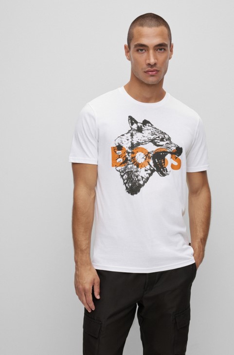 Βαμβακερό μπλουζάκι Hugo Boss με λογότυπο σε λευκό