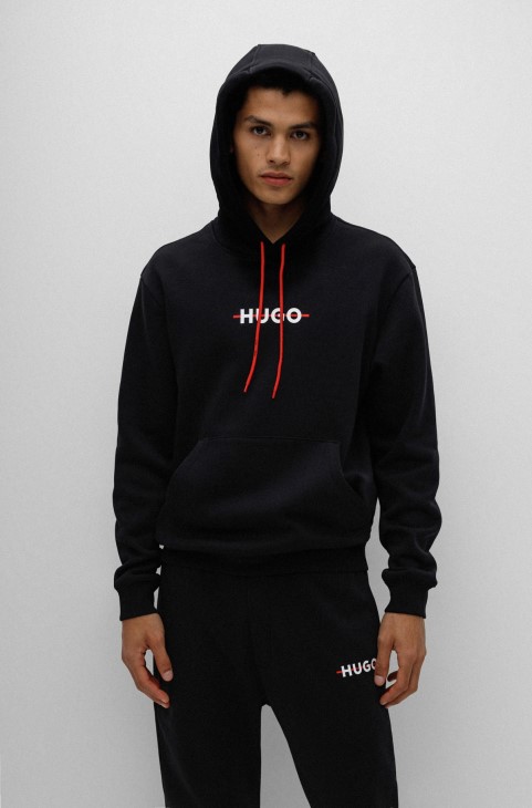 Μαύρο φούτερ με κουκούλα από μείγμα βαμβακιού με ρίγες λογότυπο Hugo Boss