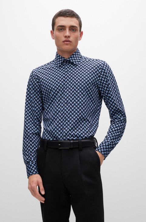 Slim-fit πουκάμισο σε γεωμετρικό Print Performance-stretch Jersey Hugo Boss γαλάζιο