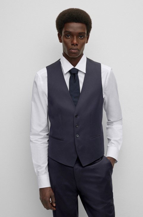 Σκούρο μπλε γιλέκο Hugo Boss Slim-fit από παρθένο μάλλινο σερζ