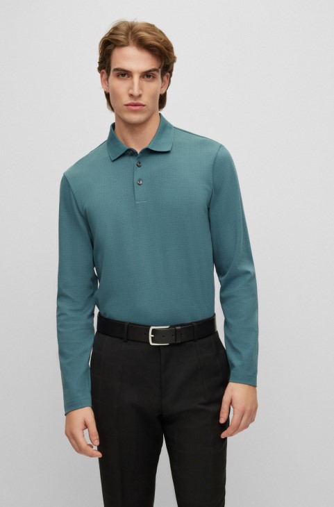 Hugo Boss βαμβακερό μερσεριζέ μπλουζάκι πόλο σε λεπτή γραμμή με δομή βάφλας μπλε