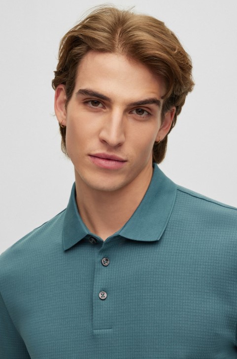 Hugo Boss βαμβακερό μερσεριζέ μπλουζάκι πόλο σε λεπτή γραμμή με δομή βάφλας μπλε
