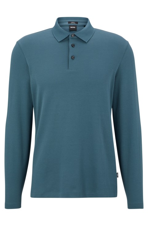 Hugo Boss βαμβακερό μερσεριζέ μπλουζάκι πόλο σε λεπτή γραμμή με δομή βάφλας μπλε
