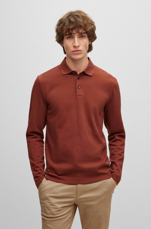μερσεριζέ βαμβακερό Slim-fit μπλουζάκι πόλο με δομή βάφλας καφέ Hugo Boss