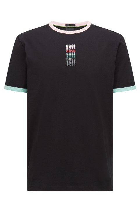 μαύρο μπλουζάκι από βαμβακερό ελαστικό με επαναλαμβανόμενα λογότυπα Hugo Boss