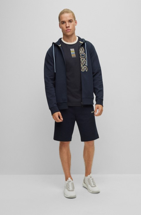 σκούρο μπλε μπλουζάκι Hugo Boss από βαμβακερό ελαστικό με επαναλαμβανόμενα λογότυπα
