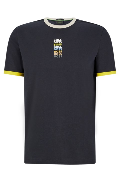 σκούρο μπλε μπλουζάκι Hugo Boss από βαμβακερό ελαστικό με επαναλαμβανόμενα λογότυπα
