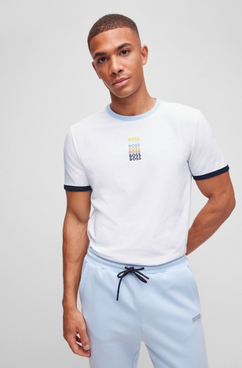 λευκό μπλουζάκι Hugo Boss από ελαστικό βαμβάκι με επαναλαμβανόμενα λογότυπα