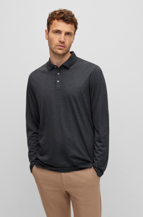 σκούρο γκρι μακρυμάνικο μπλουζάκι πόλο σε ιταλικό αναγεννητικό μάλλινο Hugo Boss