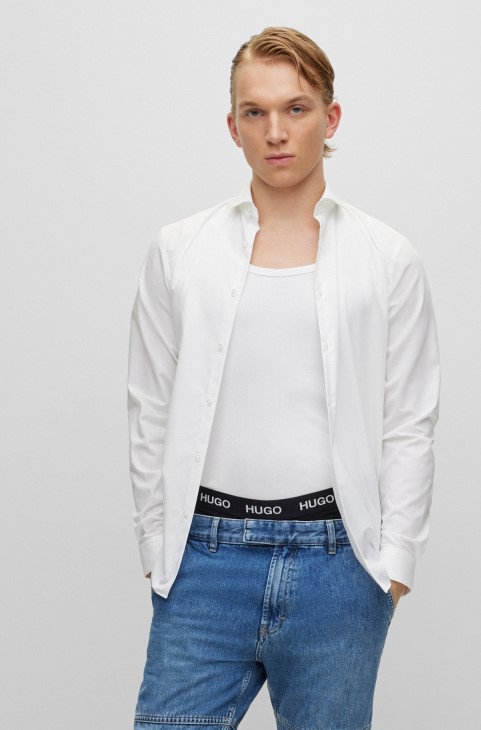 πουκάμισο με πολύ λεπτή εφαρμογή από βαμβακερή ποπλίνα με ανοιχτό γιακά λευκό Boss Hugo